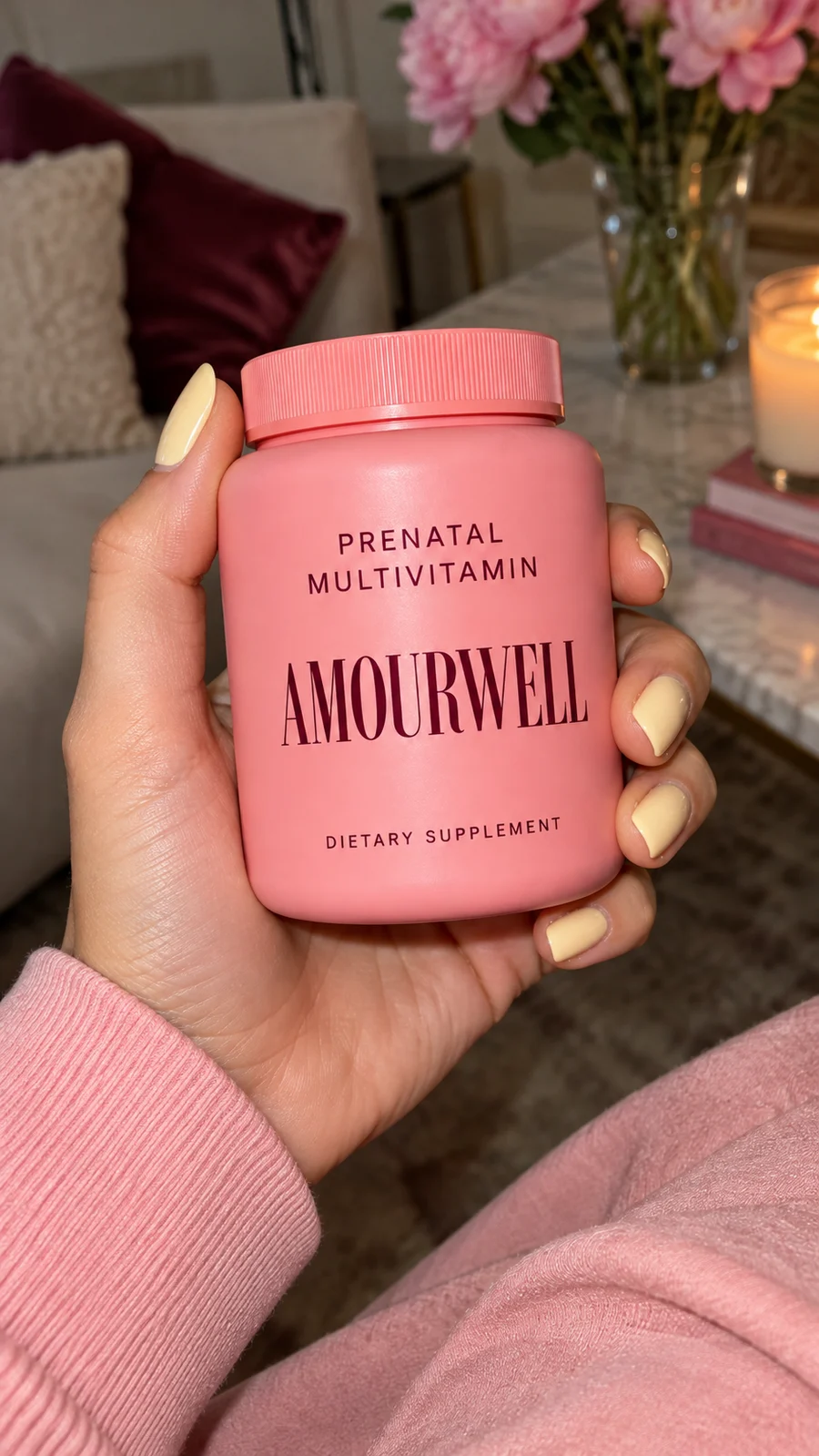 Pink Amourwell prenatal bottle held in a hand