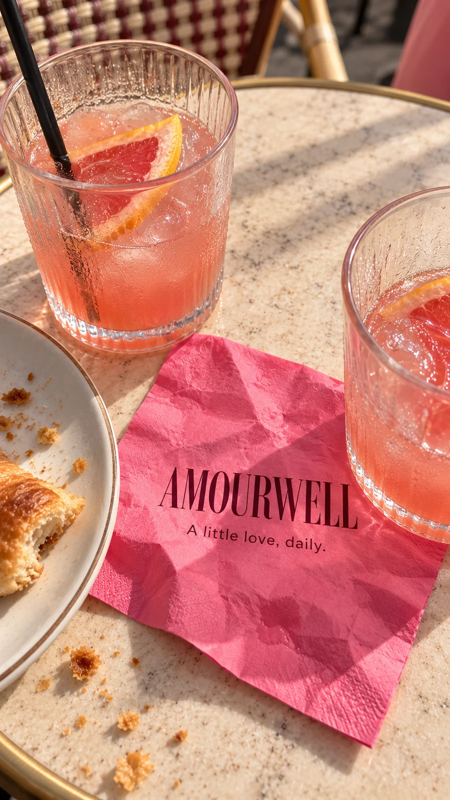Pink Amourwell napkin beside citrus drinks