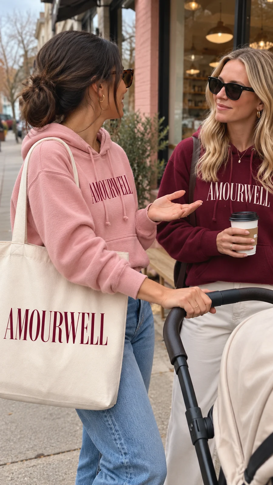 Friends chatting beside a stroller outside a café