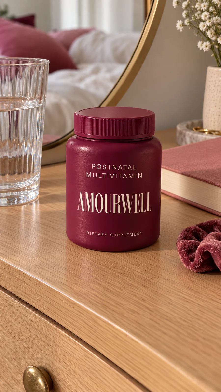 Burgundy postnatal bottle on a dresser at home