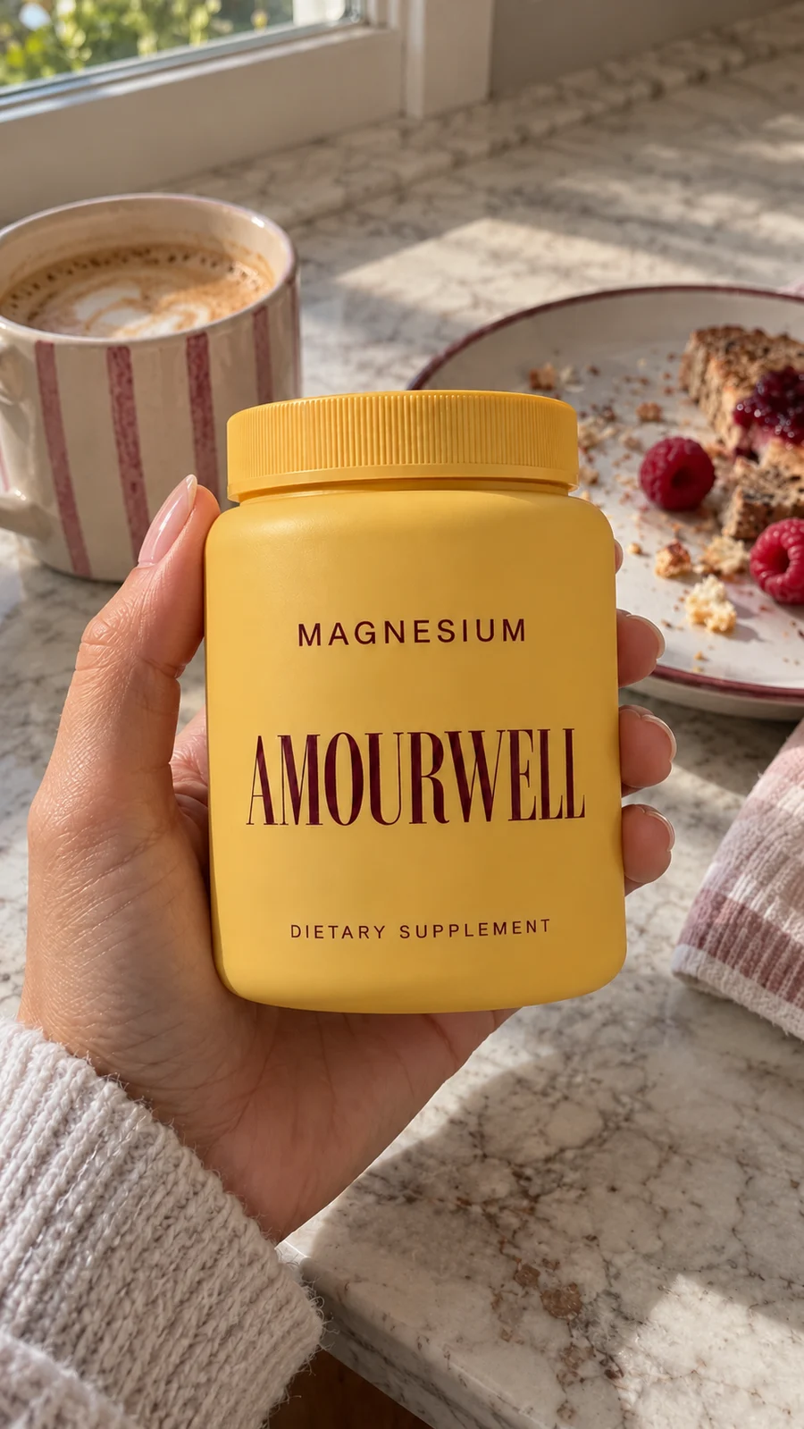 Golden yellow magnesium bottle held in a kitchen